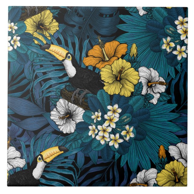 Carreau Toucans et flore tropicale, bleu, jaune, orange (Devant)