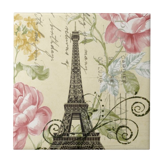 Carreau Tour Eiffel floral d'élégance de rose minable de (Devant)
