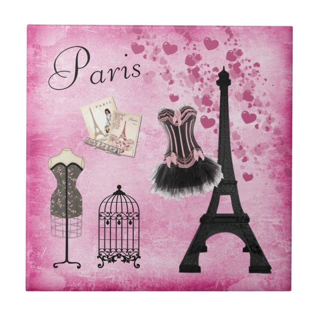 Carreau Tour Eiffel noir rose chic de mode de Paris (Devant)