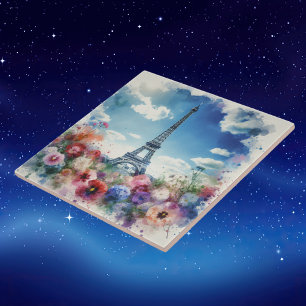 Carreau Tour Eiffel Paris Aquarelle Florale  
