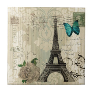 Carreau Tour Eiffel rose de Paris de papillon beige de