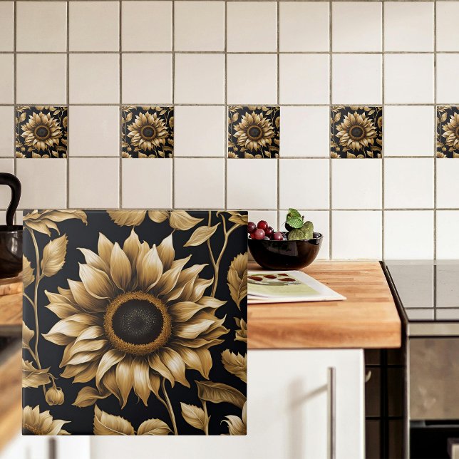 Carreau Tournesol géant en or sur noir (Créateur téléchargé)