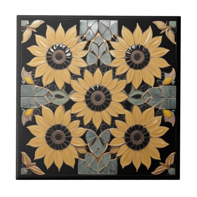 Carreau Tournesol jaune d'inspiration Art déco noir (Devant)