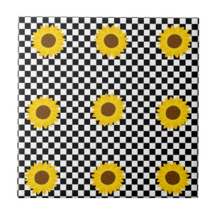 Carreau Tournesol noir et blanc À damiers Fleur Motif