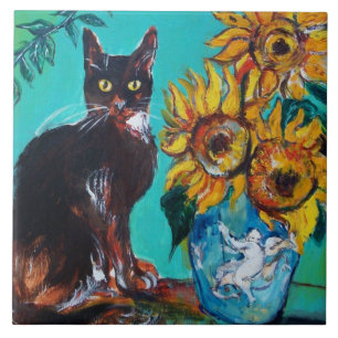 CARREAU TOURNESOLS AVEC CHAT NOIR EN TURQUOISE BLEU