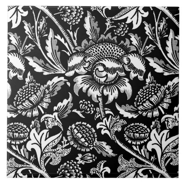 Carreau Tournesols de William Morris, noirs et blancs (Devant)