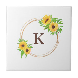 Carreau Tournesols Monogramme Cadre Doré Feuilles Vertes R
