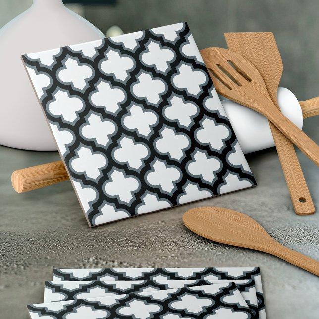 Carreau Trellis blanc et noir, treillis, Quatrefoil (Créateur téléchargé)