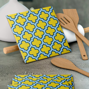 Carreau Trellis jaune et bleu bébé, treillis, Quatrefoil