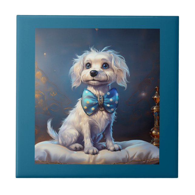 Carreau Très mignon petit chien avec noeud papillon bleu (Devant)