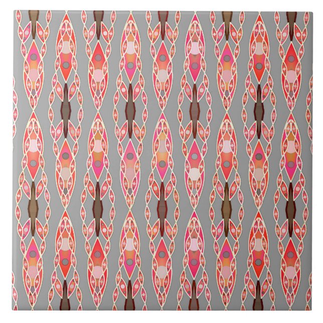 Carreau Tribal Batik - Coral rose et gris argent (Devant)