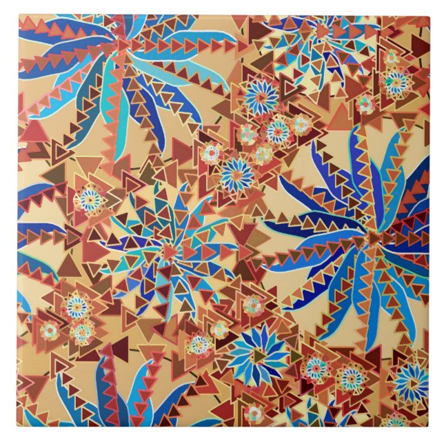 Carreau Tribal Mandala Print, Camel Tan et Denim Blue (Devant)