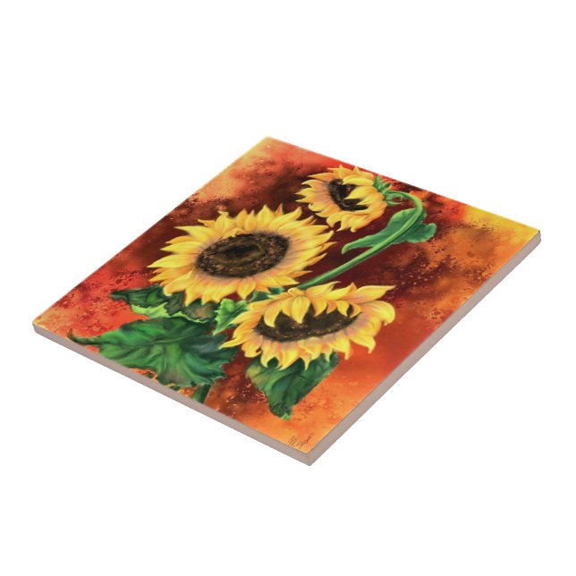 Carreau Trois Tiles De Céramique Peinte De Fleurs De Solei (Côté)