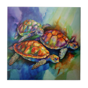 Carreau Trois tortues magnifiques migrent en mer tempétueu
