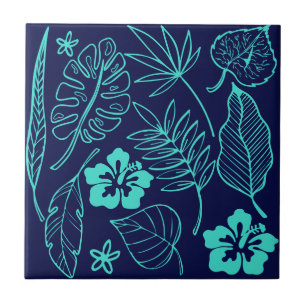 Carreau Tropical Feuille Floral Navy Turquoise