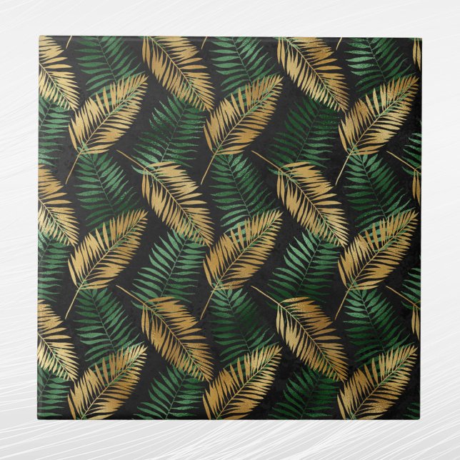 Carreau Tropical Green Gold Palm Feuilles Glam (Créateur téléchargé)