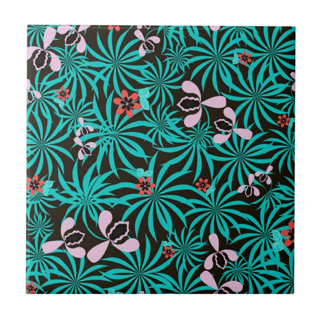 Carreau Tropical jungle palm leaves orchid flowers bloom c (Devant)