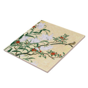 Carreau Tuile asiatique d'oiseau de fleurs de roses rouges