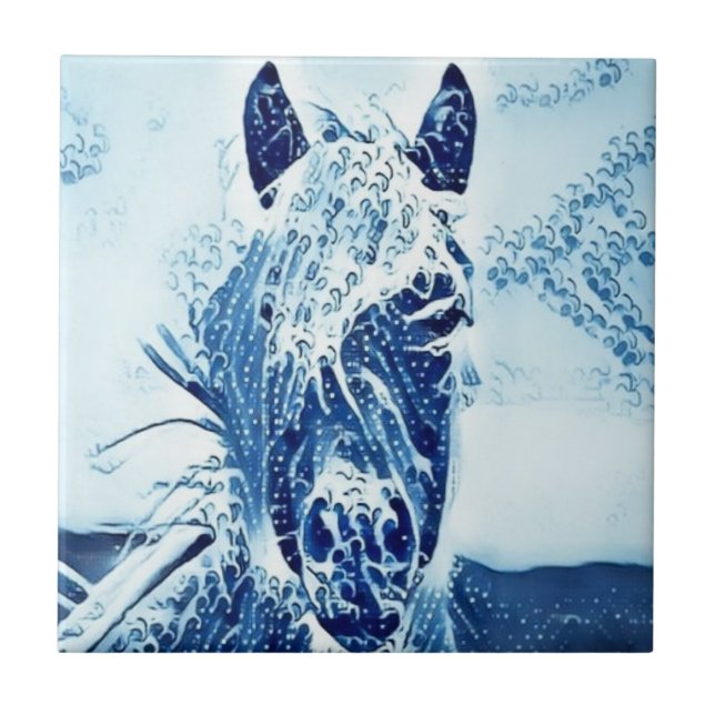 Carreau Tuile blanche et bleue de tête de cheval (Devant)