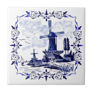 Carreau Tuile bleue de coutume de scène de moulin à vent