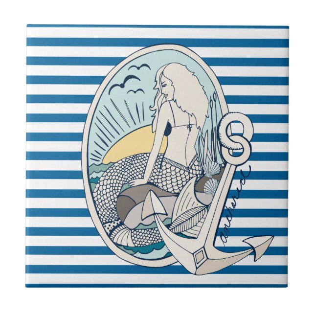 Carreau Tuile bleue et blanche de sirène et d'Ancre de (Devant)