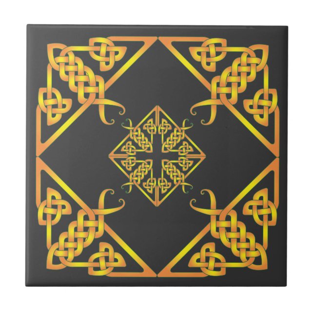 Carreau Tuile celtique de noeud de papillon d'or noir (Devant)