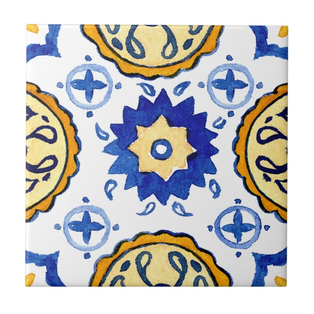 Carreau Tuile de céramique bleue peinte à la main méditerr (Devant)