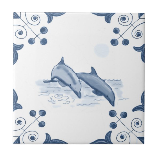 Carreau Tuile de dauphins de Delft avec des coins de (Devant)