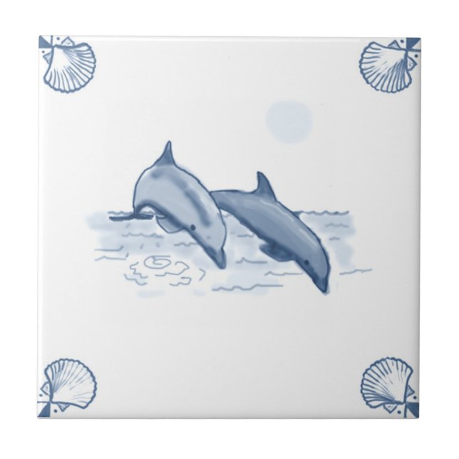 Carreau Tuile de dauphins de Delft avec des coins de Shell (Devant)