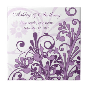 Carreau Tuile de Mariage personnalisée violet blanc