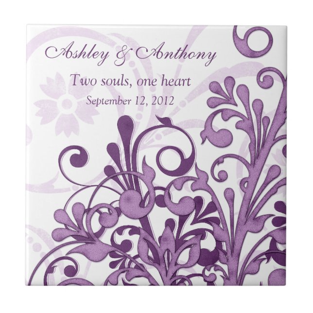 Carreau Tuile de Mariage personnalisée violet blanc (Devant)