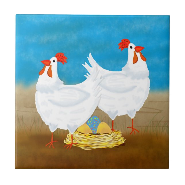 Carreau tuile de poulet, deux poules et nid des oeufs (Devant)