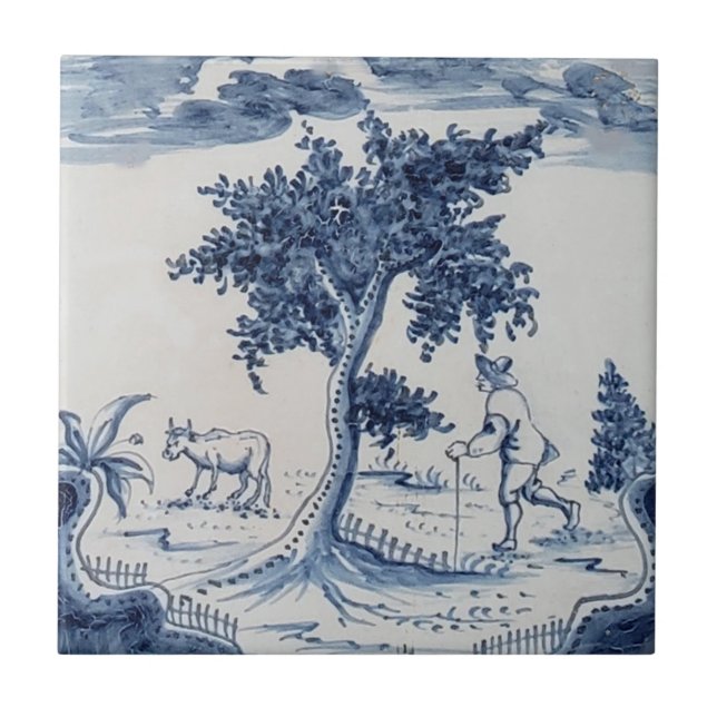 Carreau Tuile Delft traditionnelle avec fermier et vache-3 (Devant)