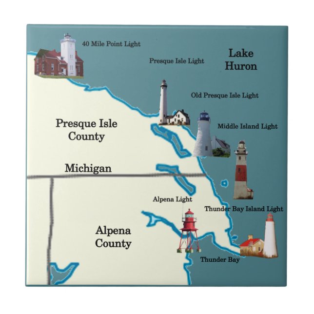 Carreau Tuile des phares du nord-est du Lower Michigan (Devant)