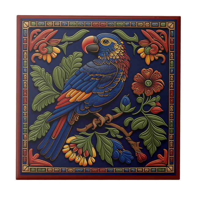 Carreau Tuile en céramique de perroquet de style Huichol m (Devant)