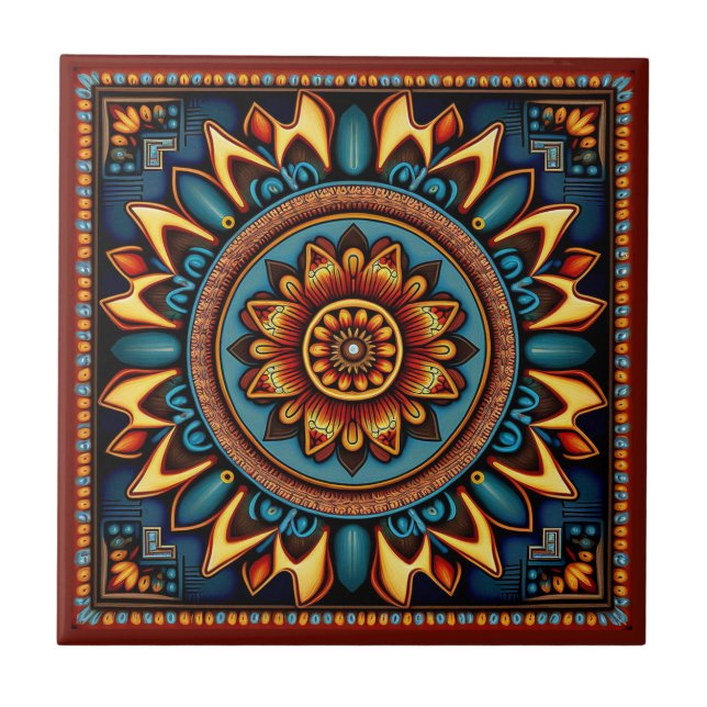 Carreau Tuile en céramique de style Huichol mexicain 1/12 (Devant)