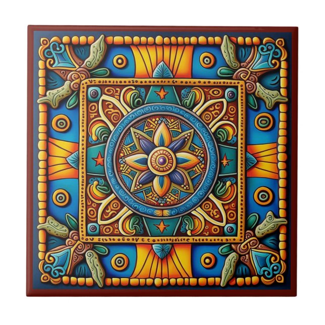 Carreau Tuile en céramique de style Huichol mexicain 2/12 (Devant)