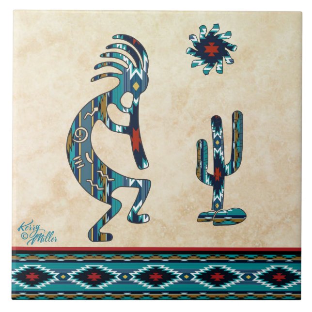 Carreau Tuile en céramique Turquoise Kokopelli (Devant)