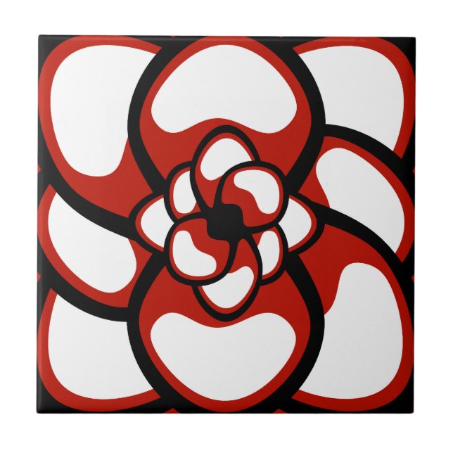 Carreau Tuile, fleur abstraite 3, rouge, noir, blanc (Devant)