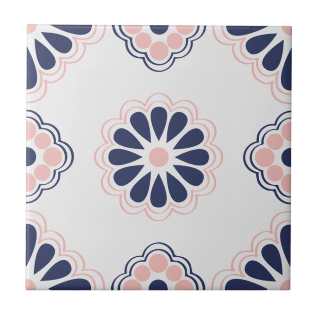 Carreau Tuile florale géométrique de bleu, rose et blanche (Devant)
