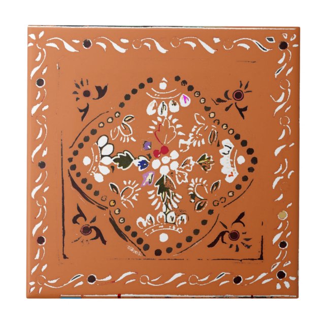 Carreau Tuile florale orange de style indien (Devant)