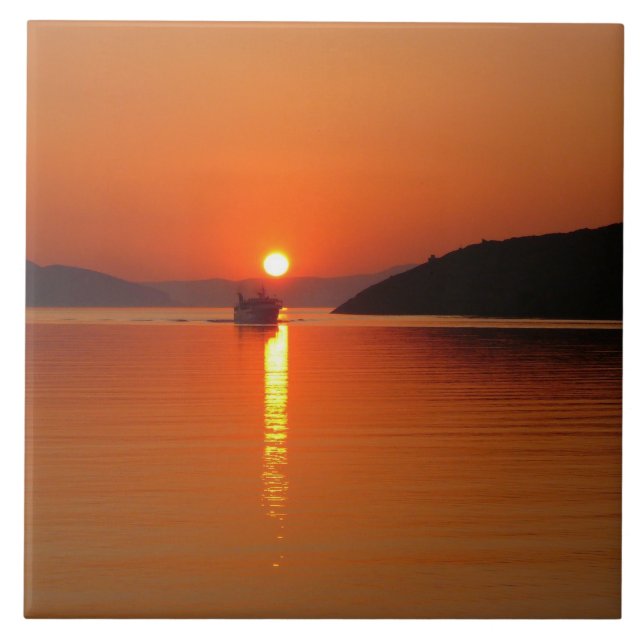 Carreau Tuile grecque de photo de coucher du soleil d'île (Devant)
