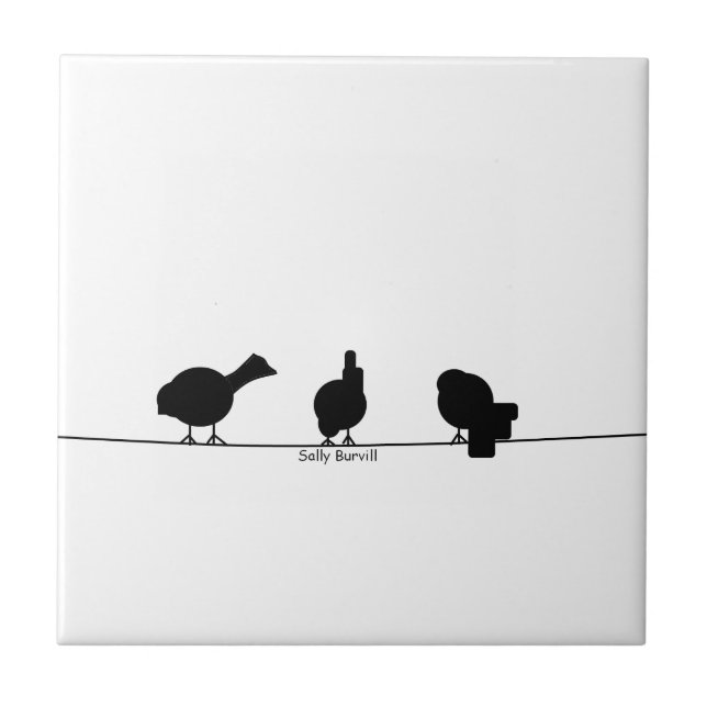 Carreau tuile noire et blanche en céramique de 3 oiseaux (Devant)