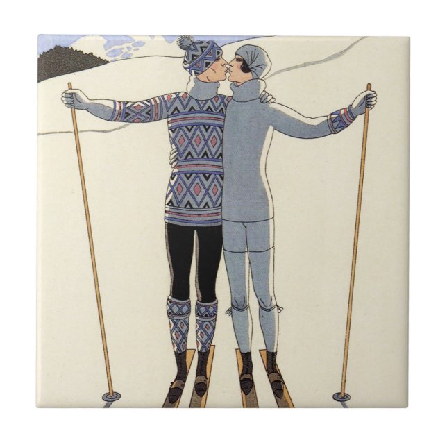 Carreau Tuile romantique de couples de ski (Devant)