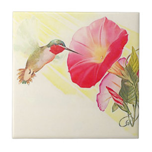 Carreau Tuile Throated rouge vintage de fleur d'oiseau de