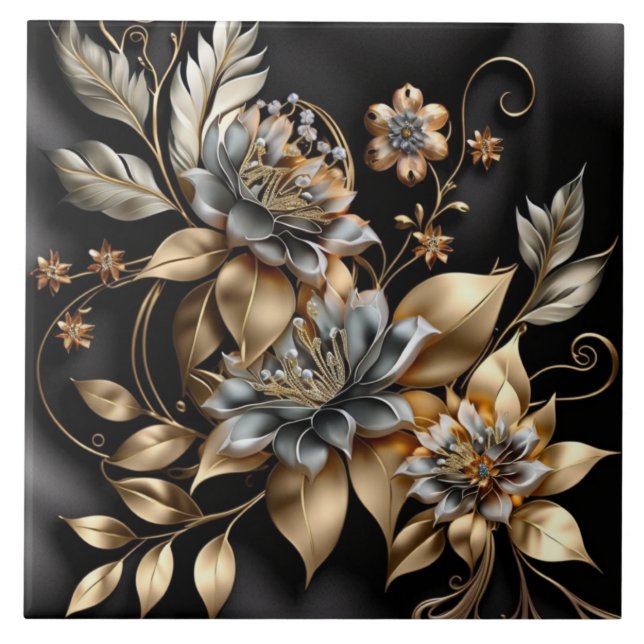 Carreau Tuiles céramiques de fleurs dorées modernes (Devant)
