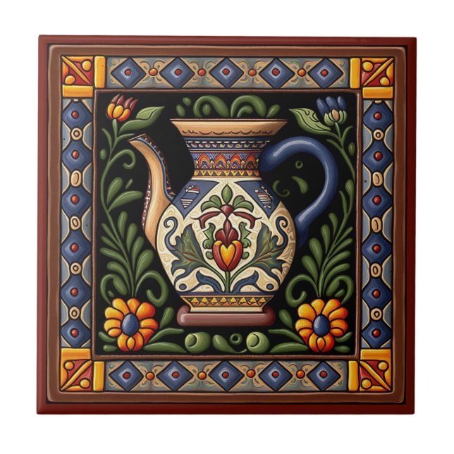 Carreau Tuiles en céramique de style Huichol mexicain 3/12 (Devant)