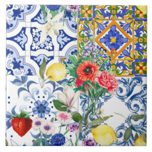 Carreau tuiles méditerranéennes, citron, fleurs, majolica,