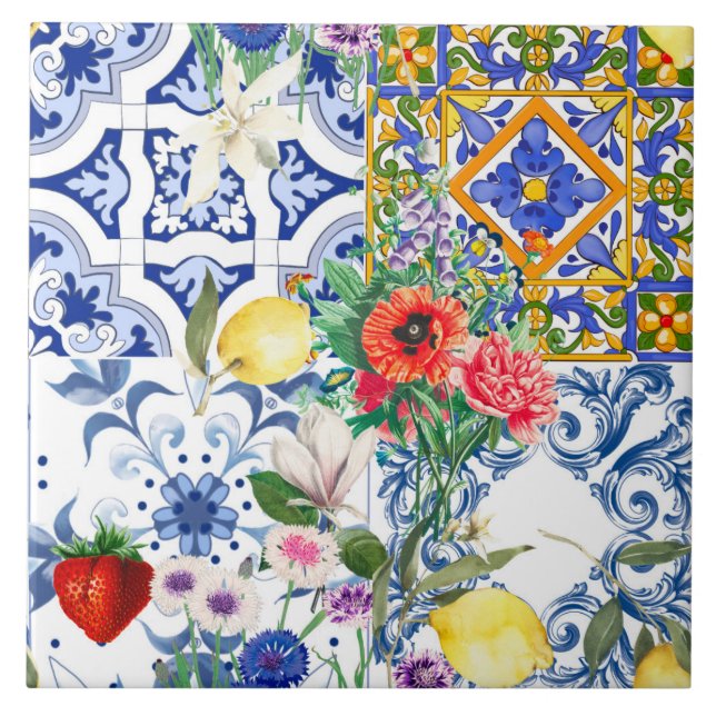Carreau tuiles méditerranéennes, citron, fleurs, majolica, (Devant)