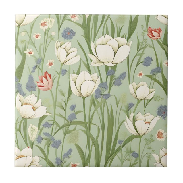 Carreau Tulip Meadow in Sage Green (Devant)